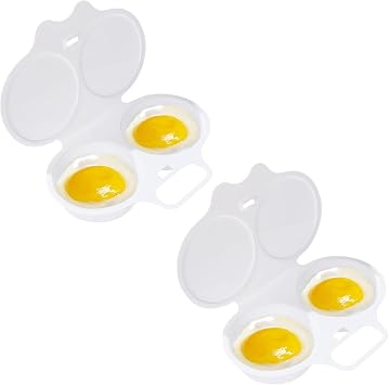 2 Pcs White Egg Poacher, Microwave Egg Boiler Poacher, 2 Cavity Nonstick Poached Egg Maker With Lid, Egg Poacher Microwave Egg Cooker, Double Drain Poached Egg Cups Cookware,Kitchen and Dining