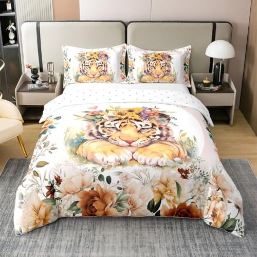 Feelyou Kids Cute Tiger Bedding Set King Size Cartoon Animal Comforter Cover Set Flower Floral Print 100% Cotton Duvet Cover Farm Zoo Garden Theme Wildlife Style Decor Bedspread Cover (No Comforter)