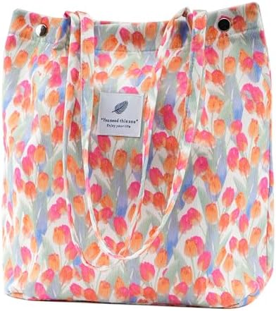 Corduroy Tote Bag Cute Tote Bags for Women Shoulder Bag with Inner Pocket for Work Beach Travel and Shopping Grocery