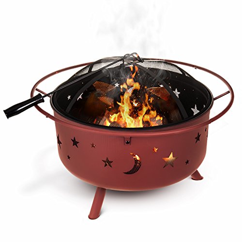 LIVIVO Bronze Fire Pit With Spark Guard & Poker Plus Cooking Grill & Waterproof Cover - Stars and Moon Cut Out Design Firepit
