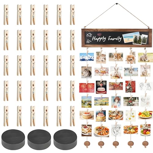38*90cm Tenda portafoto da appendere, fotoleine con 30 clip in legno e 5 corde di canapa, cornice per foto collage, foto parete fai da te, fotogirlanda in legno, decorazione murale, tenda portafoto
