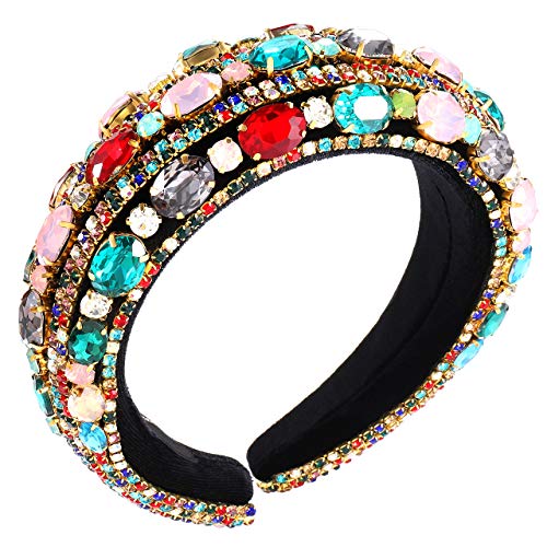 Padded Rhinestone Crystal Headband Bejewled Wide Velvet Hairband Statement Bridal Wedding Party Headwear Hair Hoop Hair Accessories (rainbow)