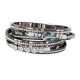 Emibele Geschichteter Lederarmband, Böhmischer Stil Mehrschichtige Wickelarmbänder mit Magnetverschluss, Armband mit Abalone Element & Diamant für Damen Frauen & Mädchen – Schwarz