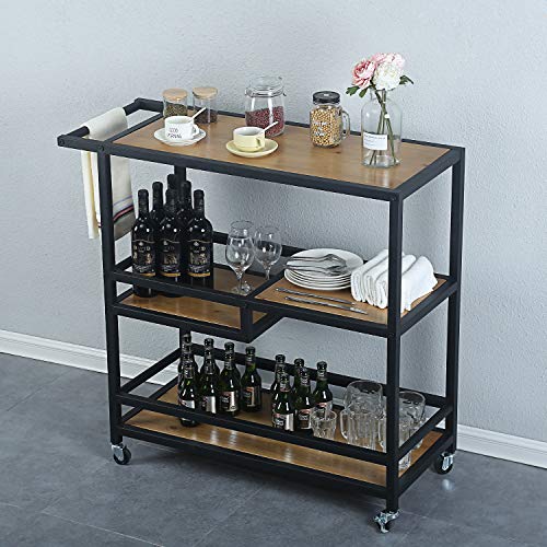 Bar And Serving Cart Industrial & Modern Rustic Rolling Bar And Serving Cart,3-Tiered Wood & Metal Kitchen Bar Cart Island With Wheels,Move Storage Coffee/Wine Island Shelf,Black #TOP5