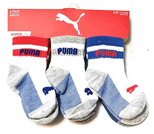 PUMA Baby Infant Boys 6pk Anklet Superlite Athletic Socks (12-24 Mos, White/Red/Blue)