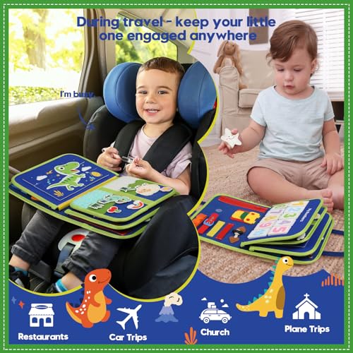 Image of Toddler Sensory Busy Board: Travel Toy Activity Book for Girls Boys, Motor Skill Development Gift for Baby Aged 3-4 Years, Fine Educational Preschool Montessori Learning Toy for Car Airplane Dinosaur