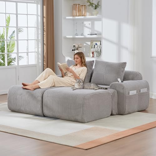 Dolamaní Couch 2 Sitzer mit 2 Hockern, Sofa Cord Modulares, mit Getränkehalter und seitlicher Aufbewahrungstasche, montagefrei, für Wohnzimmer/Schlafzimmer/Büro/Wohnung (Hellgrau)