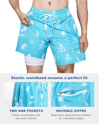 Image of SURF CUZ Mens Swim Trunks with Compression Liner Swim Shorts 7 inch Swimming Trunks Stretch 7 Inch Swim Suits Quick Dry