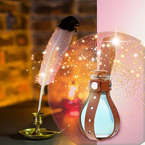 Eco-Fused 2 x kleine Cosplay-Trankflasche – durchsichtiges sphärisches Cosplay-, Zauberer-, Hexenkostüm-Zubehör – inklusive Korken, braunem Kunstleder-Ärmelhalter, Gürtelschlaufe