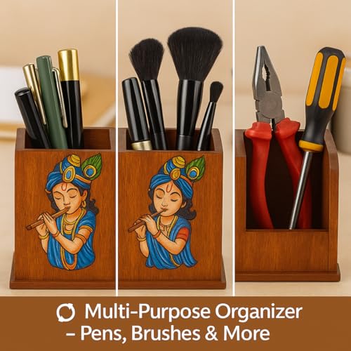 Image of DivineCraftedArt Handcrafted Wooden Pen Holder & Mobile Stand | Desk Organizer for Office, Home & Study Table | Pen Pencil Stand with Card Holder (6.75x3.75x2.5 Inch) (Krishana Harmony)
