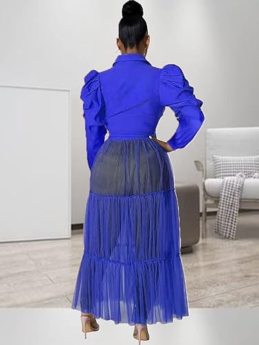 Miniatura 9 de Ekaliy Camisas de malla transparente para mujer vestidos largos con cinturón cuello en V botones traje de fiesta de club