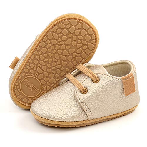 SOFMUO Baby Boys Girls Lace Up Leather Sneakers Soft Rubber Sole Infant Moccasins Newborn Oxford Loafers Anti-Slip Toddler Wedding Uniform Dress Shoes(A/Gold,0-6 Months)
