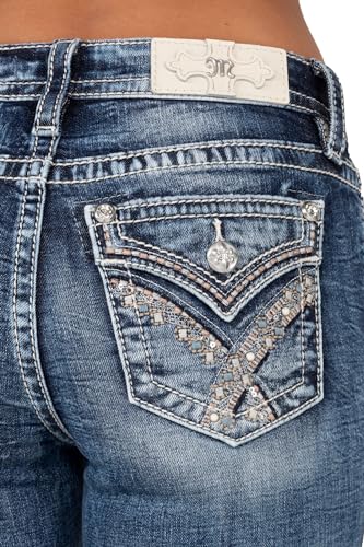 Miss Me Women's Mid-Rise Crossed Bands Embellished Faux Flap Pocket Slim Boot Jeans4