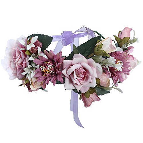 AWAYTR Blumen Stirnband Hochzeit Haarkranz Krone - Frauen Mädchen Blumenkranz Haare für Hochzeit Party(Lila + Helles Lila) Cover