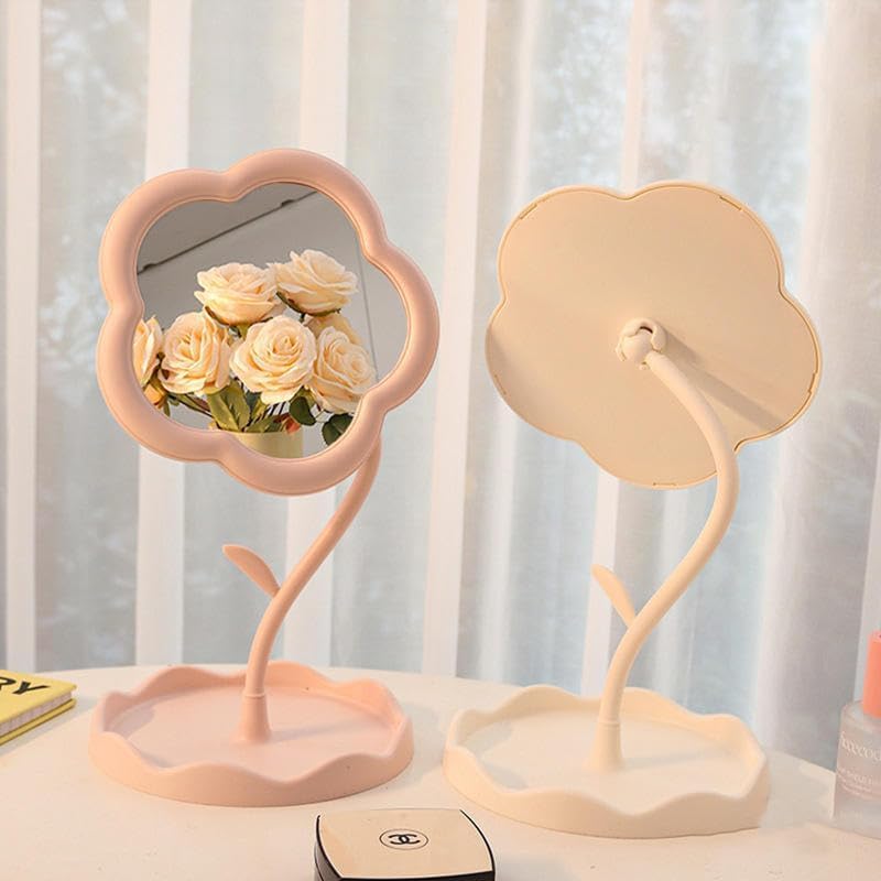 TRENDYQUORA Flower Shape Makeup Mirror with Tray, Rotatable Tabletop Decorative Mirror for Bedroom, Bathroom, and Living Room-image-0