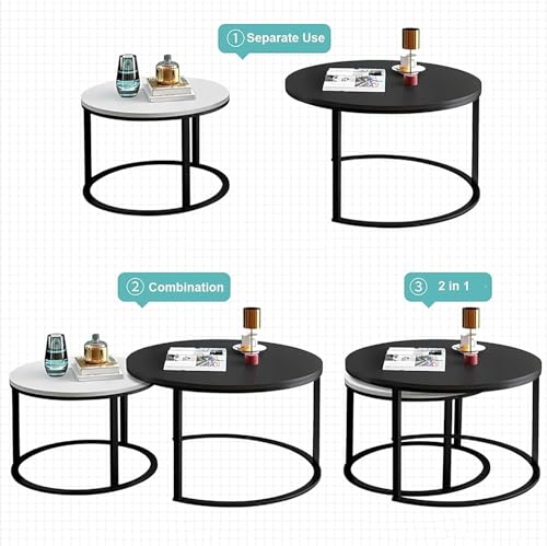 Image of Two-Piece Marble Look Coffee Table Set, top end Side Table, Metal Frame Cocktail Table, Nesting Tea Table, and Home Furniture Size for Living Rooms (White)