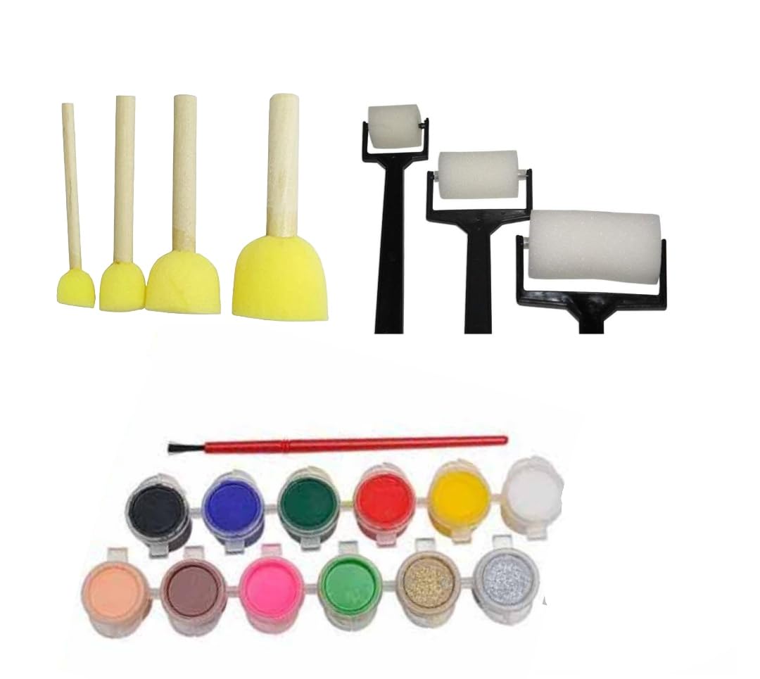 Pehrovin Painting Combo for Toddlers with Sponge Dabbers (4) + Sponge Rollers (3) +Kids Safe Tempera Paints (12 Paints of 3 ml Each) + 1 Paint Brush for Kids (B097BXZZK7) Amazon Price History, Amazon Price Tracker