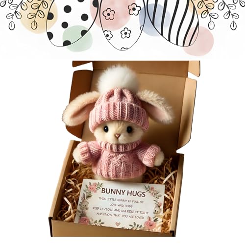 ViCUULY Mini Bunny Hug Cute Easter Gift, 2025 New Bunny Stuffed Animal Sets, Plush Pocket Hug Rabbit with Knitted Hat and Pom Pom for Family, Friends - Includes Box and Card (Pink)