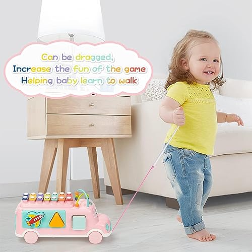 Image of PLUSPOINT Activity Bus Toy for Baby Pull Along School Bus Xylophone Toy for Toddlers Musical Bus Toys Shape Puzzles Knocking Xylophone Educational Musical Toys,Birthday Gifts for Kids,Multicolor