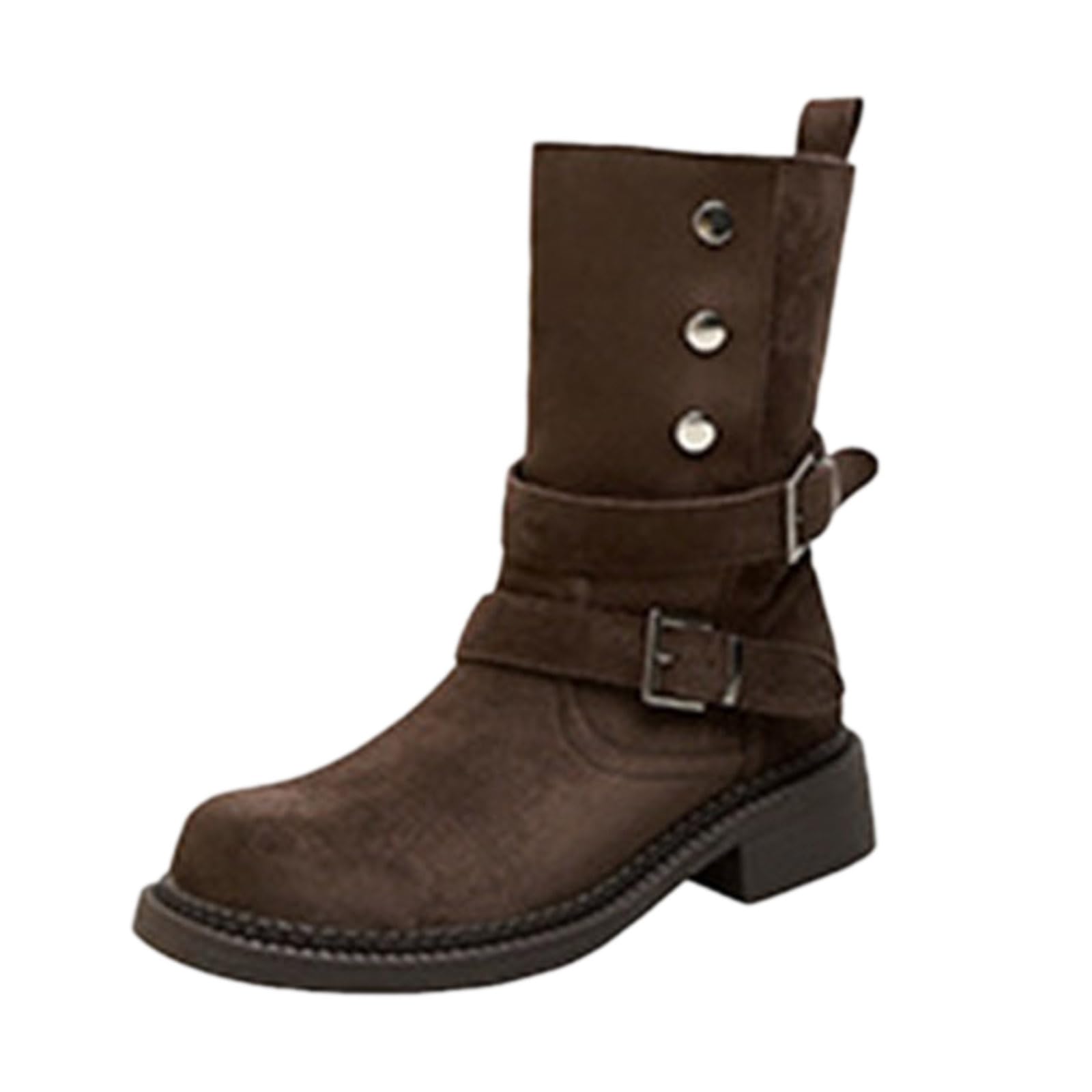 Ankle Booties for Women Mid Calf Vintage Suede Western Cowgirl Boots Strap Wide Round Toe Short Booties Flat