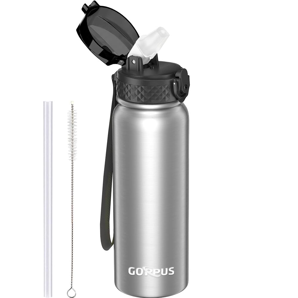 GOPPUS 600ml/20oz Stainless Water Bottle with Straw Double Wall Insulated Bottles with Strap One Hand Open Vacuum Thermal Flask Leakproof Keep Cold Bottles with Flip Top Lid BPA Free (Steel)