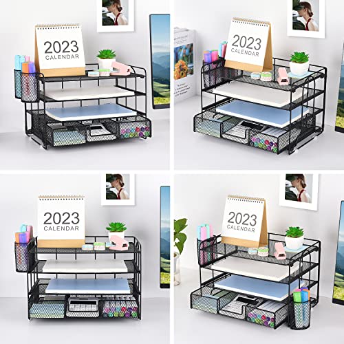 Spacrea Desk Organizers and Storage - 4-Trays Paper Letter Tray Organizer with Drawer and 2 Pen Holder, Desktop File Organizer for Desk Organizer, Office Desk Accessories(Black)