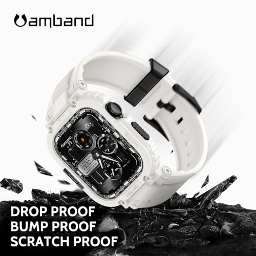 Image of amBand 46mm for Apple Watch Series 11 /10 Band Case Men, M1 Sport Rugged Heavy Duty Cover Tactical Strap Military Grade Protective Bumper Protector for iWatch 46 mm Men - White