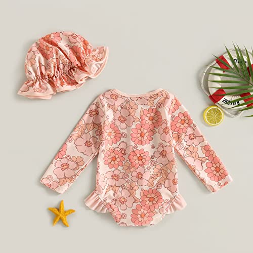 Infant Toddler Baby Girl One-Piece Swimsuit Floral/Flamingo Print Zipper Long Sleeve Ruffled Swimwear Bathing Suit (Hat-Flower 01, 6-9 Months) #TOP5