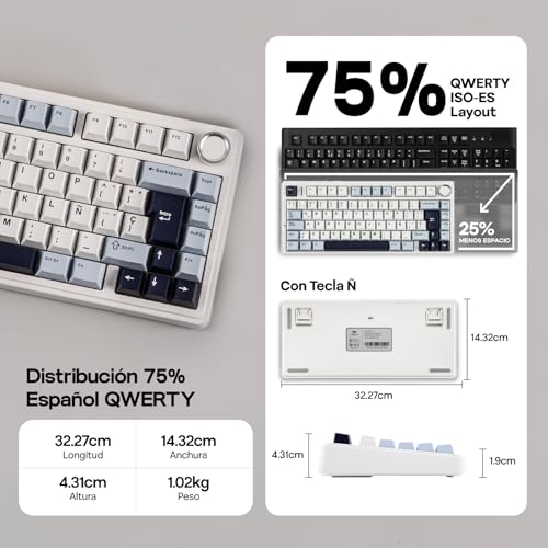 Image of EPOMAKER Aula F75 ISO-ES Wireless Mechanical Gaming Keyboard, 75% Spanish Layout with Knob, Creamy Gasket, Sound-Dampening, RGB, Hot-Swap, BT /2.4Ghz (Light Blue)