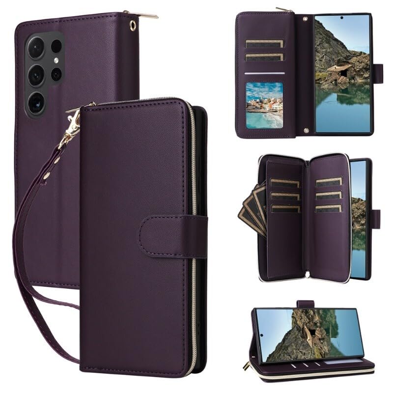 Étui portefeuille Samsung S24 FE avec sangle arrière et fermeture éclair violet foncé