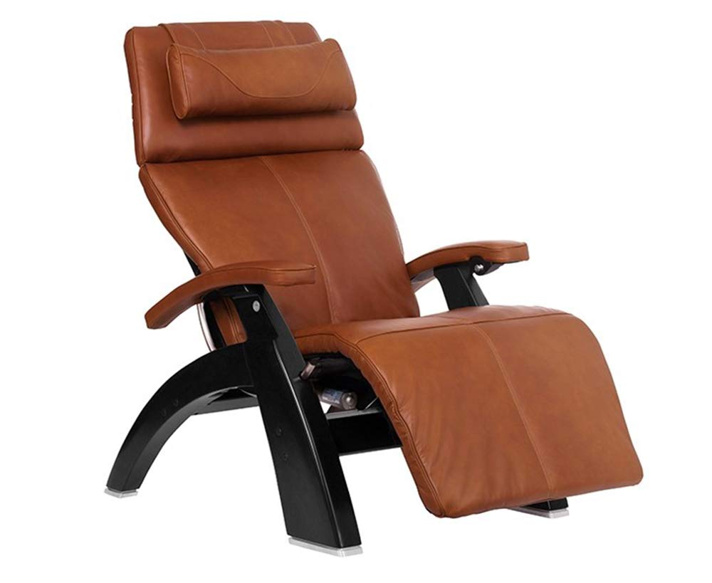 Perfect Chair Human Touch PC-600 Silhouette Omni-Motion Classic Power Recline Zero Gravity Recliner Matte Black Wood Stain - Cognac Premium Leather