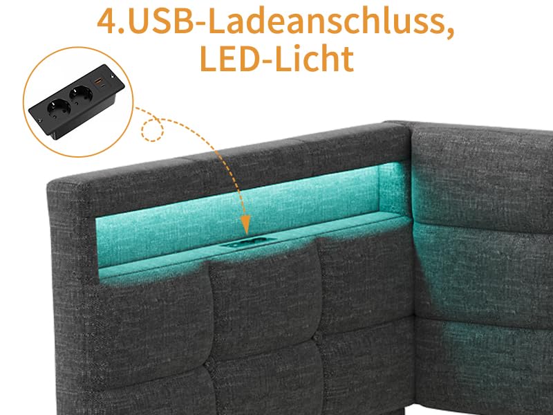 Julyue Polsterbett Schlafsofa 90x200 mit 2 Schubladen Stauraum, Jugendbett 90x200 mit LED-Beleuchtung und USB-Ladestation, Einzelbett mit Lattenrost aus Holz,Leinen Grau(ohne Matratze)
