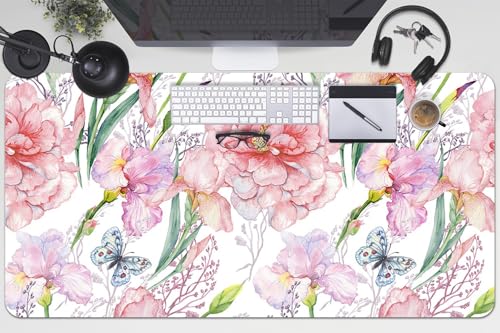 Tapis de souris 100x50 cm à fleurs pivoines en vinyle PVC imperméable pour bureau