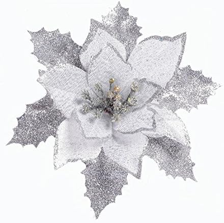 Neomark 6 Pieces 17 cm Artificial Poinsettia Flower for Christmas Tree Wreath House Decoration Blue Red Golden with Shining Edge (Silver)