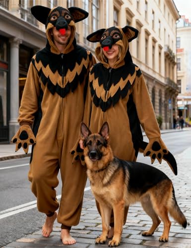 MAMHSABC Unisex Erwachsene Deutscher Schäferhund Einteiler Tier Cosplay Einteiler Pyjama Weihnachten Halloween Kostüm Nachtwäsche für Frauen, Einteiler mit Deutschem Schäferhund, M