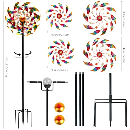 Image of Solar Wind Spinners for Yard and Garden - 360 Metal Large Wind Sculptures Outdoor Clearance Kinetic Windmills with 4 Layer Jeweled Blades for Patio, Lawn Garden Decoration - 54Inch