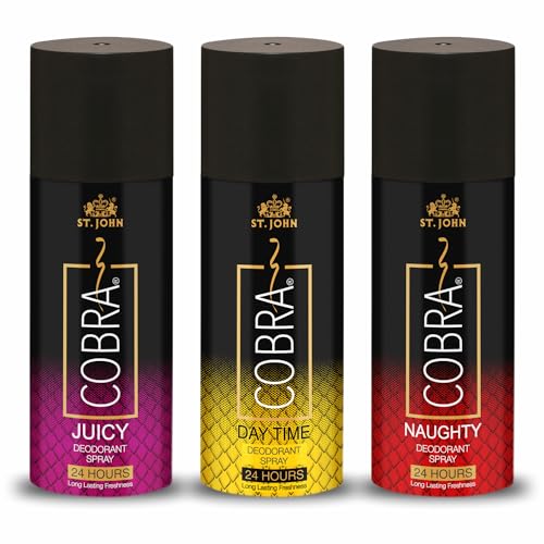 ST. JOHN COBRA Irresistible Scent Fresh and Soothing Long Lasting Good Fragrance Deo Naughty| Cobra Deo Daytime| Cobra Deo Juicy Deodorant Spray – For Men & Women (150 Ml each, Pack Of 3)