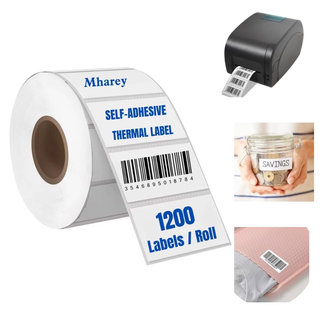 1200 White Sticky Labels 60mm x 30mm Thermal Printer Labels for Barcode, FBA, Storage, Kitchen, Freezer and Food Jars. Self Adhesive White Sticky Thermal Printer Labels on a roll. (Mharey)