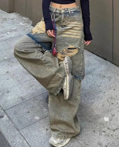 Baggy Jeans for Women Men Y2K Ripped Fake Two-Piece Design Pants High Waist Distressed Grunge Harajuku Streetwear2