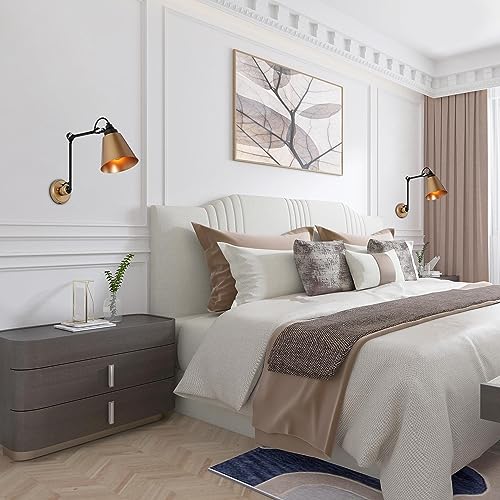 Image of LALUZ Sconce Wall Lighting, Swing Arm Wall Sconce Set of 2, Mid Century Adjustable Wall Mounted Light Fixtures for Bedroom, Living Room, Black and Dark Gold Finish