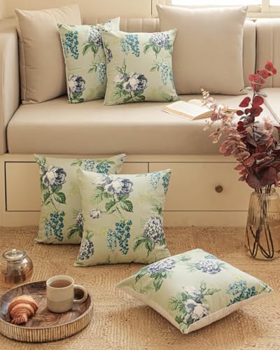 Image of Clasiko Set of 5 Cushion Covers 24x24 Inch - Duck Cotton Decorative Cushion Covers Sage Green Floral