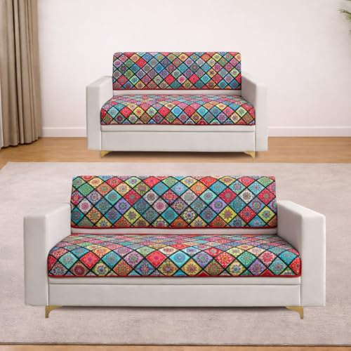 Image of Homerz Premium 5 (3+2) Seater Velvet Sofa Panel Cover with Digital Prints | Anti-Slip Backing (Mandala, 5 (3+2) Seater with Back)