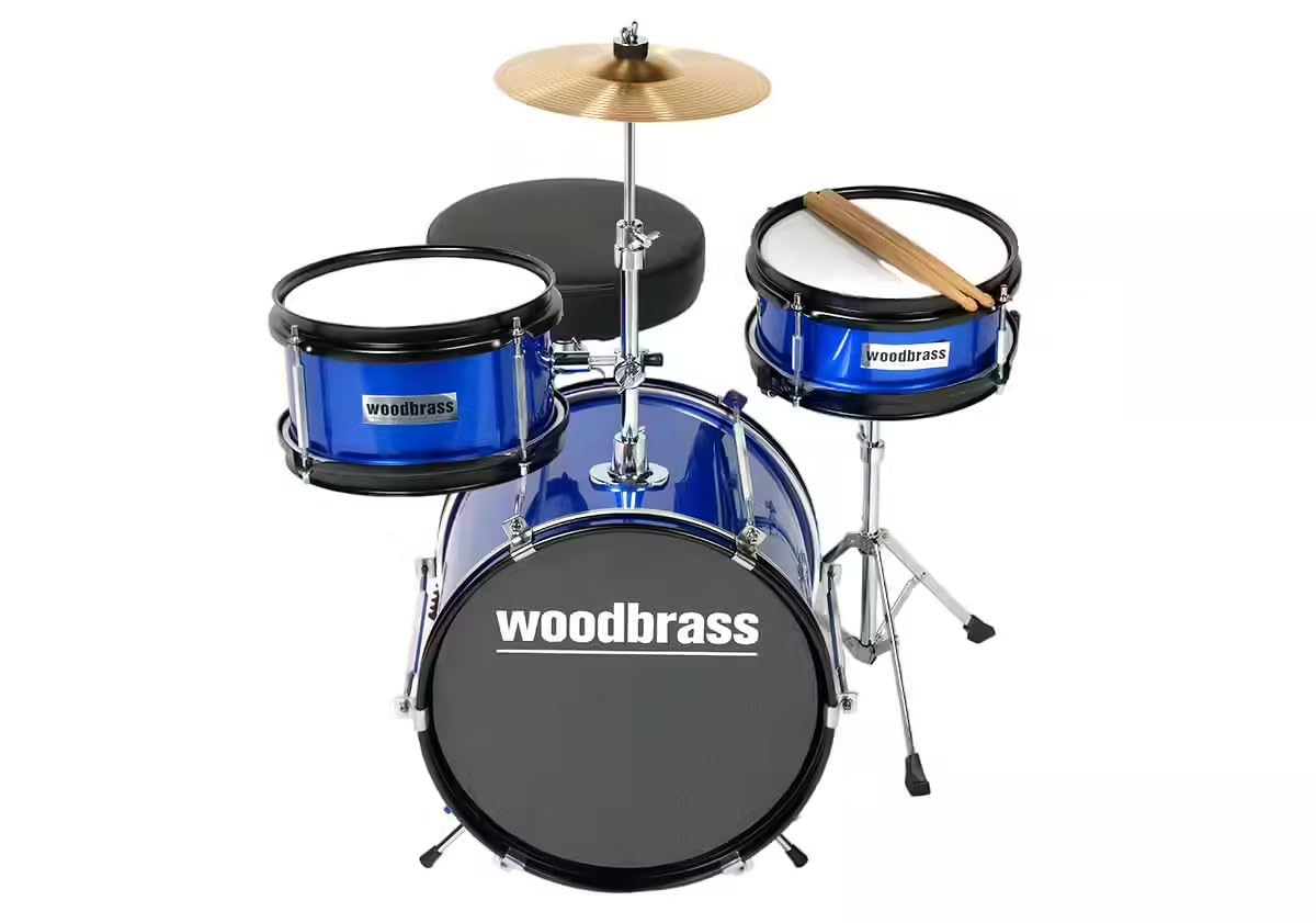 WOODBRASS DSJ90B - Batería infantil completa de 3 años, mini kit de batería acústica junior con asiento, pedal, platillo, 8 pulgadas, Tom y caja clara, batería infantil principiante, color azul