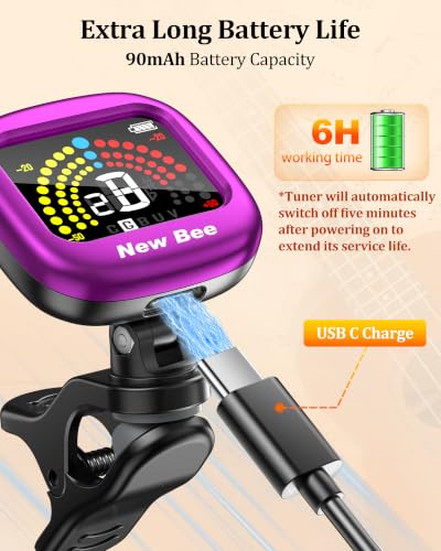 Image of New bee Guitar Tuner Rechargeable, Color Screen Clip On Tuner (Purple, 1 Pack)