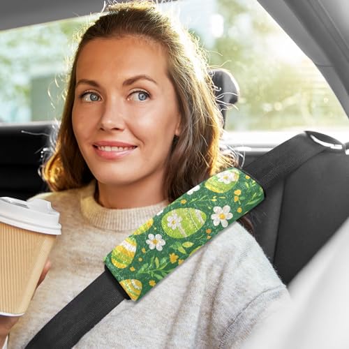 Image of Easter Eggs Flowers Green Seat Belt Cover Pad 2 Pcs Soft Cute Seatbelt Covers Protector Support Head Neck Shoulder Strap for Car Seats High Chair Backpack for Adults Kids Women Men 10x7.7In 2 P