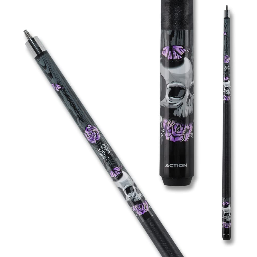 Eight Ball Mafia EBM14 Pool Cue - Black with Grey Skulls,Purple Roses and Butterflies - 18oz