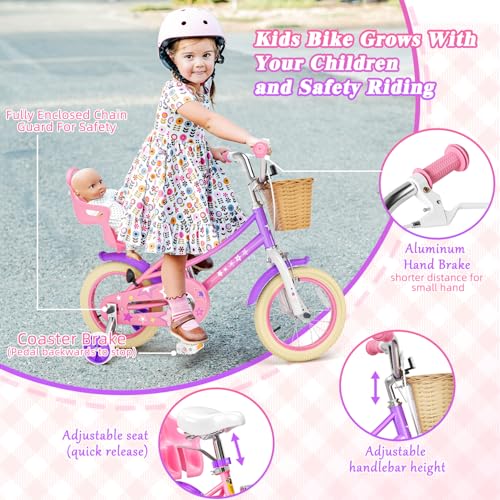 Image of Glaf Girls Bike Bicycle for 2-12 Years Old 12 14 16 20 inch Kids Toddler Bike with Training Wheels and Basket,Doll Seat, Kids Bike Bicycle for Gift