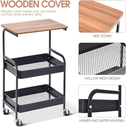 Image of KRISHYAM Rolling Storage Organizer with Wooden Tabletop, Metal Utility, Lockable Wheels for Kitchen, Office, Bedroom (2-Layer Square with Wooden Top)