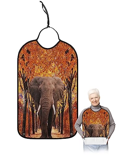 Farmhouse Elephant Adult Bibs for Eating, Waterproof Bibs with Food Catcher & Adjustable Snap Closure, Wild Animals Fall Maple Leaf Washable Clothing Protectors Adult Bibs for Elderly Women/Men