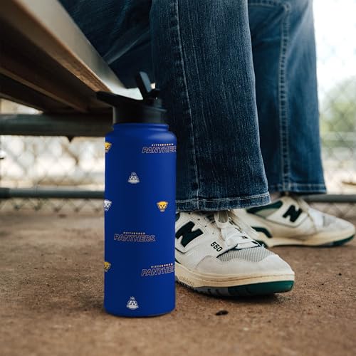 Image of Logo Brands NCAA Pittsburgh Panthers Step & Repeat 34 oz Stainless Steel Quencher Bottle - All Over Logo Design, No-Spill Lid, Easy Carry Handle - Keeps Drinks Cold For Hours